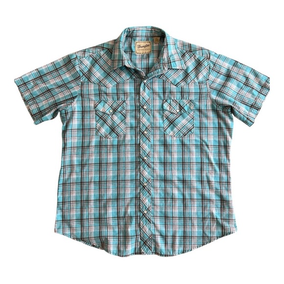 Wrangler Short Sleeve Aqua Blue Plaid Shirt Size XL Men - Picture 1 of 11